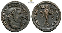 Maximinus II BI Nummus. Antioch, AD 311-312. 6,8 g. 24,8 mm. IMP C GAL VAL MAXIMINVS P F AVG, laureate head to right / VIRTVS EXERCITVS, Virtus advanc...