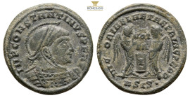 Constantine I the Great BI Nummus. Siscia, AD 318-319. IMP CONSTANTINVS P F AVG, laureate, helmeted and cuirassed bust to right / VICTORIAE LAETAE PRI...