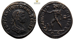 Constantine II, as Caesar AD 317-337. Ticinum
Follis Æ, 19,7 mm, 2,9 g
CONSTANTINVS IVN NOB CAES, bare-headed, draped and cuirassed bust right / CLARI...