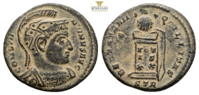 Constantine I Æ Nummus. Treveri, 321 AD. CONSTANTINVS AVG, helmeted, cuirassed bust right / BEATA TRANQVILLITAS, altar inscribed VOT-IS XX, surmounted...