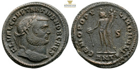 Constantius I, as Caesar, Æ Nummus. Antioch, AD 305-306. 9,5 g. 27,5 mm. FL VAL CONSTANTIVS NOB CAES, laureate head right / GENIO POPVLI ROMANI, Geniu...