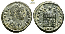 Crispus, as Caesar, BI Nummus. Siscia, AD 326-7. 3,4 g. 18,8 mm.CRISPUS NOB CAES, laureate head to right / PROVIDENTIAE CAESS, camp-gate, two turrets,...