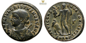 Crispus, as Caesar, BI Nummus. Antioch, AD 317-318. D N FL IVL CRISPVS NOB CAES, laureate and mantled bust to left, holding mappa, globe and sceptre /...