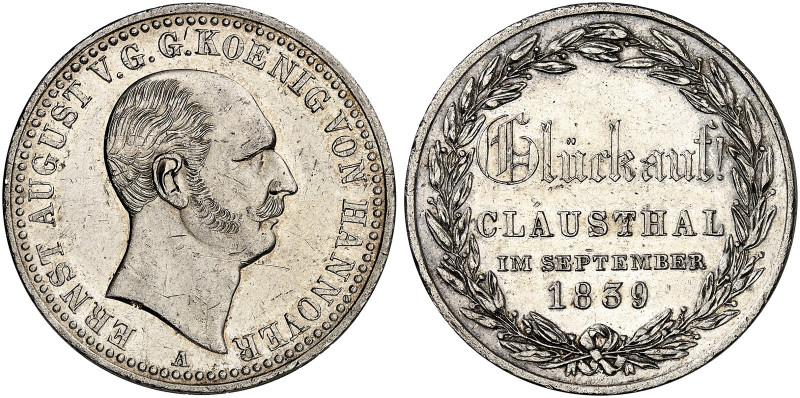 Ernst August, 1837-1851. 

Taler 1839 A, "GLÜCKAUF ! CLAUSTHAL". Thun 158, AKS...
