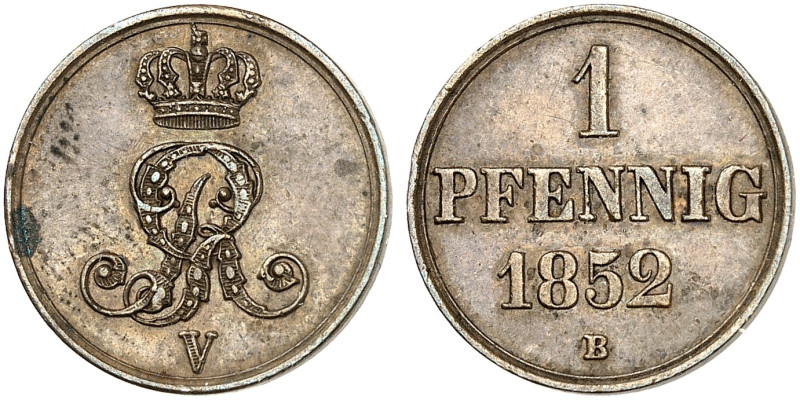 Georg V., 1851-1866. 

1 Pfennig 1852 B, geperltes Monogramm. AKS 154, J. 82 m...