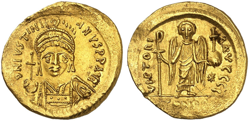 BYZANTINISCHE MÜNZEN. Iustinianus I., 527 - 565. 

Solidus. Büste v. vorn / En...