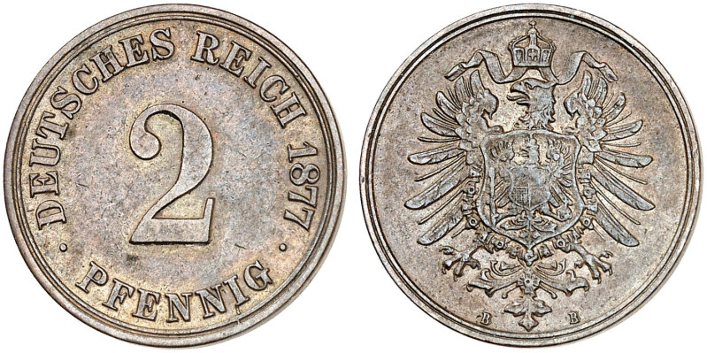 J. 2, EPA 11. 

2 Pfennig 1877 B. in dieser Erhaltung sehr selten ! vz