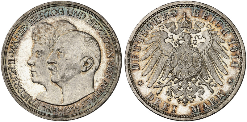 ANHALT. Friedrich II., 1904-1918. J. 24, EPA 3/2 

3 Mark 1914, zur Silberhoch...