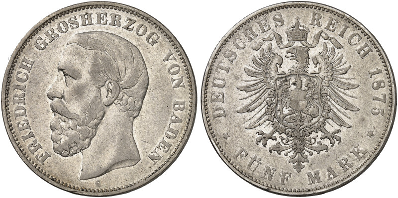 BADEN. Friedrich I., 1852-1907. J. 27, EPA 5/3 

5 Mark 1875. ss