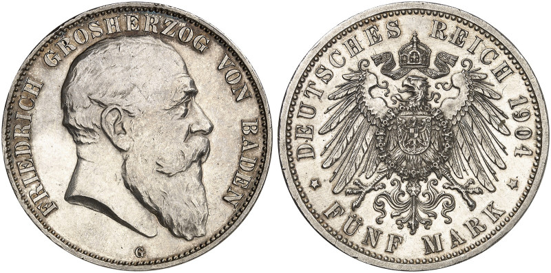 BADEN. Friedrich I., 1852-1907. J. 33, EPA 5/8 

5 Mark 1904. winz. Kr., vz