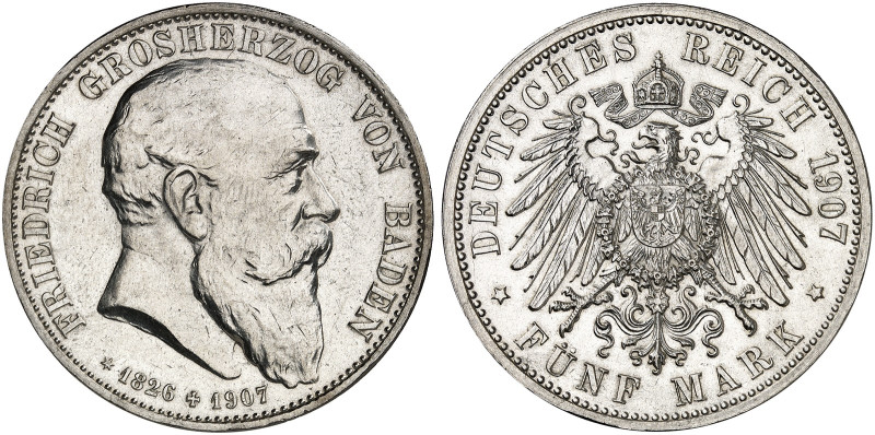 BADEN. Friedrich I., 1852-1907. J. 37, EPA 5/10 

5 Mark 1907, auf seinen Tod....