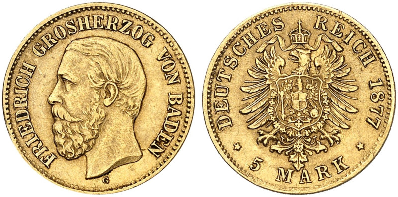 BADEN. Friedrich I., 1852-1907. J. 185, EPA 5/77 

5 Mark 1877. ss