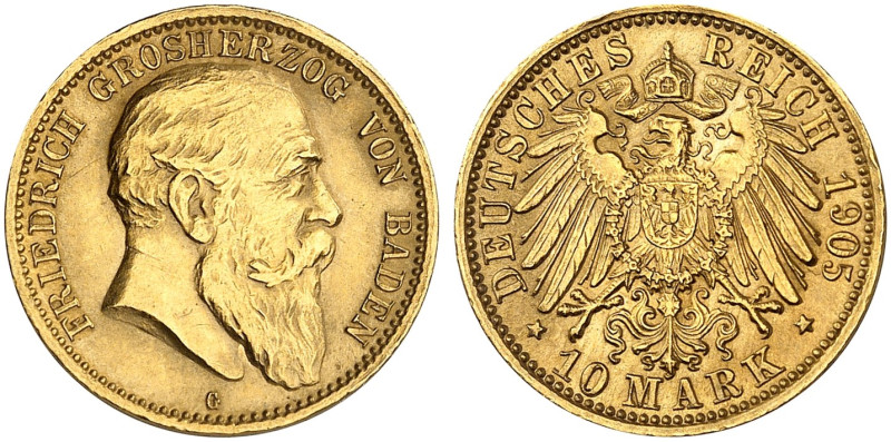 BADEN. Friedrich I., 1852-1907. J. 190, EPA 10/5 

10 Mark 1905. vz - St