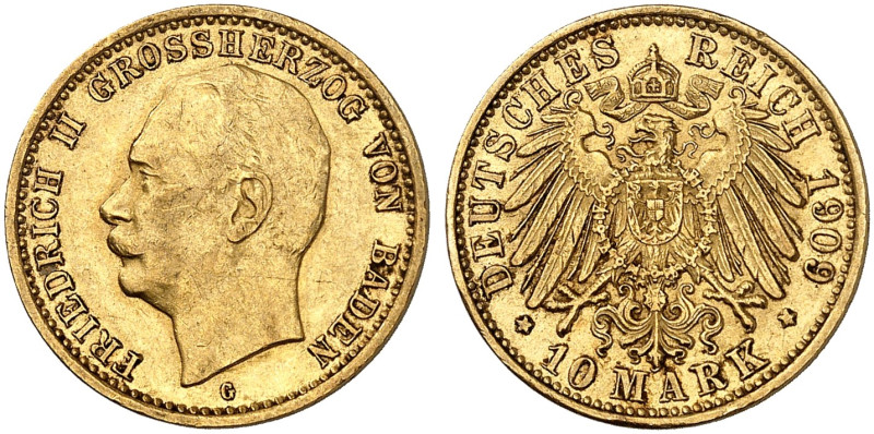 BADEN. Friedrich II., 1907-1918. J. 191, EPA 10/6 

10 Mark 1909. vz