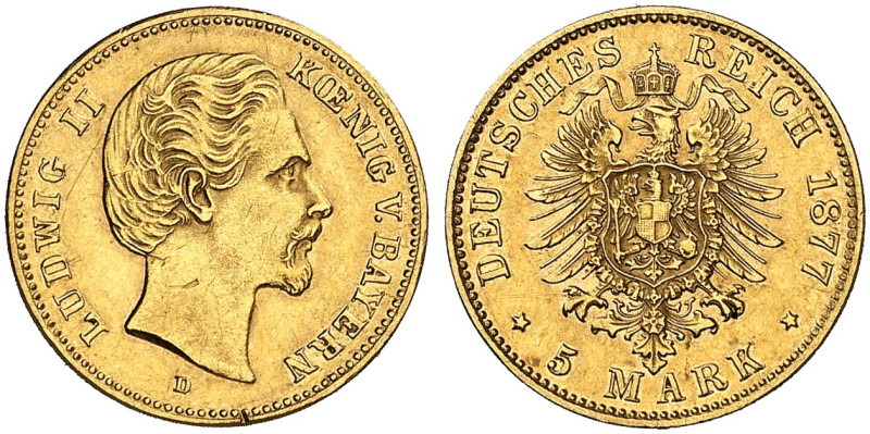 BAYERN. Ludwig II., 1864-1886. J. 195, EPA 5/78 

5 Mark 1877. kl. Kr., vz
