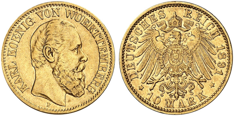 WÜRTTEMBERG. Karl, 1864-1891. J. 294, EPA 10/54 

10 Mark 1891. ss