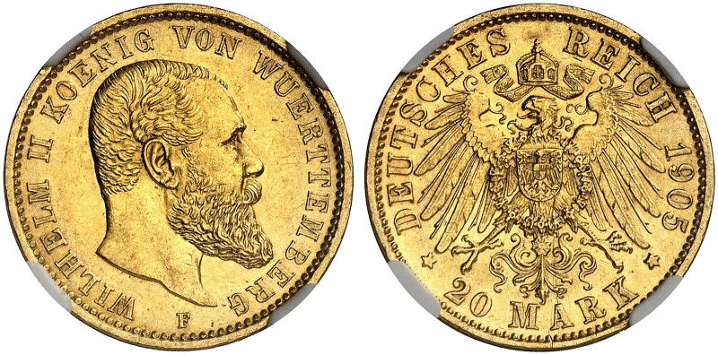 WÜRTTEMBERG. Wilhelm II., 1891-1918. J. 296, EPA 20/64 

20 Mark 1905. NGC MS ...