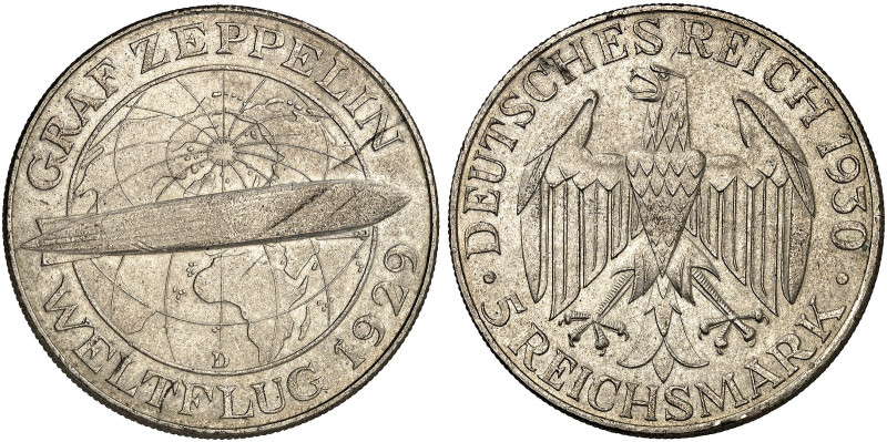 KURS - UND GEDENKMÜNZEN. J. 343, EPA 5/68 

5 RM 1930 D, Zeppelin. vz