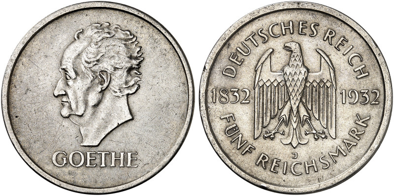 KURS - UND GEDENKMÜNZEN. J. 351, EPA 5/70 

5 RM 1932 J, Goethe. ss - vz