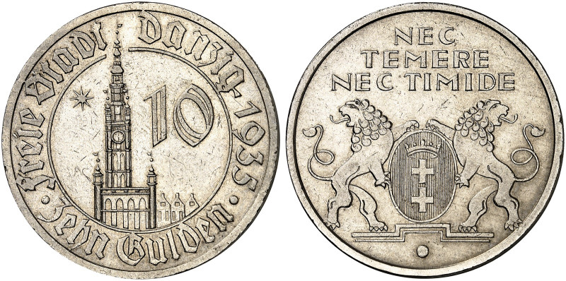 FREIE STADT DANZIG. J. D 20, EPA D 19 

10 Gulden 1935, Rathaus mit acht­strah...