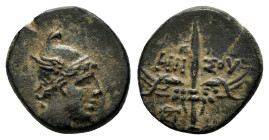 PONTOS. Amisos. Time of Mithradates VI.(Circa 105-85 BC). Ae.

Obv : Head of Perseus right, wearing a winged helmet.

Rev : AMI-ΣOY.
Winged harpa.
SNG...