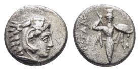 MYSIA. Pergamon. (Circa 310-282 BC). Diobol.

Obv : Head of Herakles right, wearing lion skin.

Rev : ΠΕΡΓΑMH.
Archaistic Palladion: facing statue of ...