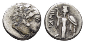MYSIA. Pergamon. (Circa 310-282 BC). Diobol.

Obv : Head of Herakles right, wearing lion skin.

Rev : ΠΕΡΓΑMH.
Archaistic Palladion: facing statue of ...