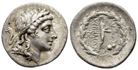 AEOLIS. Myrina.(Circa 155-145 BC). Tetradrachm.

Obv : Laureate head of Apollo to right.

Rev. MΥΡINAIΩN.
Apollo Grynios standing to right, holdi...