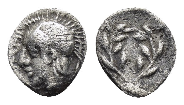 AEOLIS.Elaia.(Circa 350-320 BC).Obol.

Obv : Helmeted head of Athena left, pel...