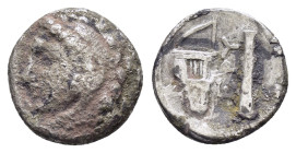 IONIA.Erythrai (circa 330-300 BC).Hemidrachm.

Obv : Head of young Herakles left, wearing lion skin.

Rev : EPY.
Bow in case right above and club left...