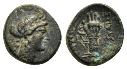 IONIA.Smyrna.(Circa 190-170 BC).Ae. 

Obv : Laureate head of Apollo righ.

Rev : Two hands in caestus between two palm branches.
Milne, Autonomous 86....