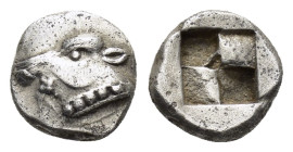 IONIA. Uncertain (Samos?).(6th century BC).Obol.

Obv : Head of calf left.

Rev : Quadripartite incuse square.
CNG EA 303/46.

Condition : Good...