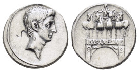 OCTAVIAN.(30-29 BC). Uncertain Italian mint, possibly Rome.Denarius.

Obv : Bare head right.

Rev : Octavian's Actian arch (arcus Octaviani): Single s...