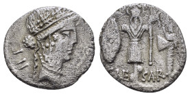JULIUS CAESAR. (48 BC). Military mint traveling with Caesar.Quinarius.

Obv : Veiled female head right; LII and simpulum to left.

Rev : CAE - SAR.
Ga...