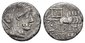 L. RUBRIUS DOSSENUS.(87 BC). Rome.Denarius.

Obv : DOS.
Veiled and diademed head of Juno right, with sceptre over shoulder.

Rev : L RUBRI.
Triumphal ...