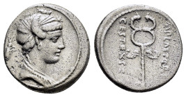 M. PLAETORIUS M.F. CESTIANUS.(57 BC). Rome.Denarius.

Obv : Draped female bust (Ceres?) right; control symbol to left.

Rev : M PLAETORI / CEST EX...
