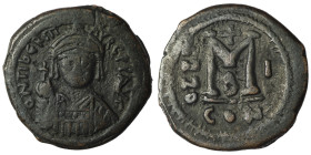 Maurice Tiberius. (582-602 AD). Follis. Constantinople. Obv: bust of Maurice Tiberius facing. Rev: A/N/N/O M. 30mm, 11,89g