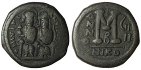 Justin II. and Sophia. (565-578 AD). Follis. Nicomedia. Obv: Justin II. and Sophia enthroned facing. Rev: ANNO / M. 29mm, 12,92g