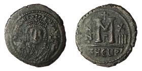 Maurice Tiberius. (582-602 AD). Follis. Theoupolis. Obv: bust of Maurice Tiberius facing. Rev: A/N/N/O M. 28mm, 10,38g
