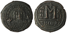 Maurice Tiberius. (582-602 AD). Follis. Theoupolis. Obv: bust of Maurice Tiberius facing. Rev: A/N/N/O M. 27mm, 11,41g