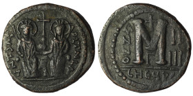 Justin II. and Sophia. (565-578 AD). Follis. Theoupolis. Obv: Justin II. and Sophia enthroned facing. Rev: ANNO / M. 31mm, 12,69g