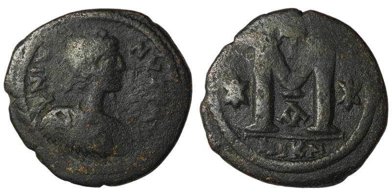 Justin I. (518-527 AD) Æ Follis. Nikomedia. Obv: D N IVSTINVS P P AVG. diademed ...