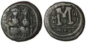 Justin II. and Sophia. (565-578 AD). Follis. Nikomedia. Obv: Justin II. and Sophia enthroned facing. Rev: ANNO / M. 29mm, 13,44g