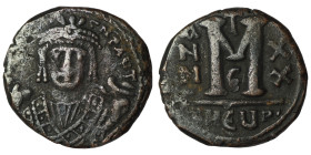 Maurice Tiberius. (582-602 AD). Follis. Theoupolis. Obv: bust of Maurice Tiberius facing. Rev: A/N/N/O M. 27mm, 9,38g