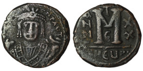 Maurice Tiberius. (582-602 AD). Follis. Theoupolis. Obv: bust of Maurice Tiberius facing. Rev: A/N/N/O M. 27mm, 9,38g
