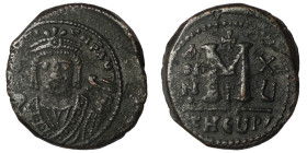 Maurice Tiberius. (582-602 AD). Follis. Theoupolis. Obv: bust of Maurice Tiberius facing. Rev: A/N/N/O M. 28mm, 11,14g
