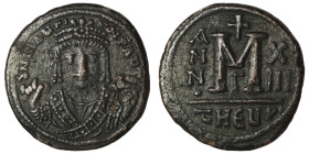 Maurice Tiberius. (582-602 AD). Follis. Theoupolis. Obv: bust of Maurice Tiberius facing. Rev: A/N/N/O M. 28mm, 11,14g