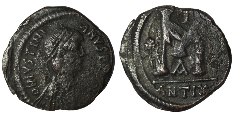 Justinian I. (527-565 AD) Æ Follis. Antioch. Obv: D N IVSTINIANVS PP AVI. diadem...