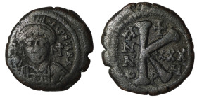 Justinian I. (527-565 AD) Æ 1/2 Follis. Theoupolis. Obv: crowned bust facing holding globus cruciger. Rev: ANNO K. 27mm, 9,57g