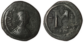 Justin I. (518-527 AD) Æ Follis. Nikomedia. Obv: D N IVSTINVS P P AVG. diademed bust right. Rev: M between stars, cross above. 34mm, 17,03g